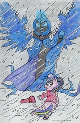 Size: 889x1363 | Tagged: safe, artist:kuroneko, princess luna, snowfall frost, spirit of hearth's warming yet to come, starlight glimmer, a hearth's warming tail, g4, blizzard, cloak, clothes, snow, snowfall, traditional art