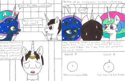 Size: 1024x658 | Tagged: safe, artist:eternaljonathan, princess celestia, princess luna, oc, oc:nemo, comic:a new twist, g4, comic, guardian, horn, horn ring, royal sisters, science fiction, traditional art