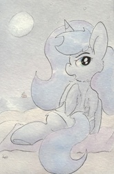 Size: 688x1045 | Tagged: safe, artist:slightlyshade, princess luna, g4, beach, bikini, bikini bottom, clothes, female, looking at you, moonbutt, sailboat, solo, swimsuit, tail, tail hole, traditional art, water