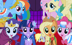 Size: 1280x800 | Tagged: safe, artist:brandatello, artist:wakkaex, applejack, derpy hooves, fluttershy, pinkie pie, rainbow dash, rarity, twilight sparkle, pegasus, pony, g4, clothes, dress, female, gala dress, mane six, mare, sad