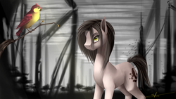 Size: 1920x1080 | Tagged: safe, artist:torifeather, oc, oc only, bird, grayscale, monochrome, partial color, ruins, solo