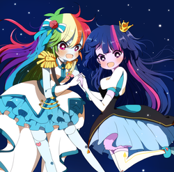 Size: 1280x1266 | Tagged: dead source, safe, artist:lotte, rainbow dash, twilight sparkle, human, g4, blushing, bow, clothes, crown, dress, female, hair bow, holding hands, humanized, jewelry, lesbian, rainbow dash always dresses in style, regalia, ship:twidash, shipping