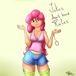 Size: 1280x1280 | Tagged: safe, artist:r5on11c, pinkie pie, human, g4, boobie mark, breasts, busty pinkie pie, cleavage, clothes, cuffs, female, humanized, midriff, solo