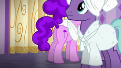 Size: 1280x720 | Tagged: safe, screencap, bella brella, pony, applejack's "day" off, g4, background pony, butt, clothes, female, mare, plot, purple rain, robe, towel, unnamed character, unnamed pony