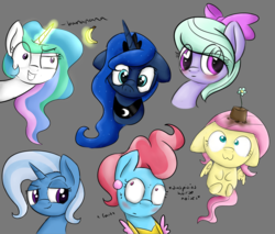 Size: 5037x4289 | Tagged: safe, artist:pucksterv, cup cake, flitter, fluttershy, princess celestia, princess luna, trixie, pony, unicorn, g4, :3, absurd resolution, banana, bananalestia, blushing, do i look angry, faic, fart, female, floppy ears, food, grin, heart eyes, magic, mare, solo, telekinesis, wingding eyes