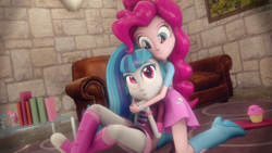 Size: 1920x1080 | Tagged: safe, artist:shadamyfan4evers, pinkie pie, sonata dusk, equestria girls, g4, 3d, balloon, book, boots, clothes, couch, cupcake, female, food, glomp, high heel boots, hug, lesbian, ship:pinata, shipping, skirt, smiling, source filmmaker