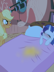 Size: 768x1024 | Tagged: safe, edit, edited screencap, screencap, applejack, rarity, pony, g4, look before you sleep, bedwetting, blushing, female, golden oaks library, lesbian, mare, pee edit, peeing on sheets, pissing, ship:rarijack, shipping, urine, wetting