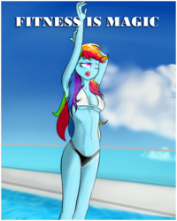 Size: 1024x1280 | Tagged: safe, artist:vincentjiang0v0, rainbow dash, equestria girls, g4, abs, armpits, belly button, bikini, clothes, female, solo, swimming pool, swimsuit, yawn