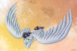 Size: 2700x1800 | Tagged: safe, artist:spirit-dude, soarin', pegasus, pony, g4, flying, large wings, looking up, male, solo, stallion, wings, zoom layer