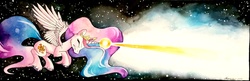 Size: 3220x1044 | Tagged: safe, artist:grendeleev, princess celestia, g4, eyes closed, female, flying, gritted teeth, magic, magic blast, solo, stars, traditional art, watercolor painting