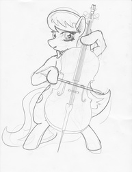 Size: 1578x2048 | Tagged: safe, artist:ciaran, derpibooru exclusive, octavia melody, g4, bow (instrument), bowtie, cello, cello bow, female, looking at you, monochrome, musical instrument, sketch, solo