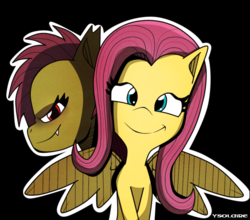 Size: 1039x916 | Tagged: safe, artist:ysolaire, fluttershy, bat pony, pony, g4, black background, duality, female, flutterbat, looking at you, race swap, simple background, smiling, solo, spread wings