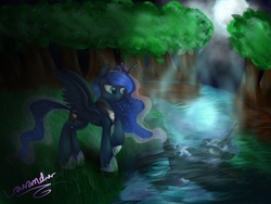Size: 2048x1536 | Tagged: safe, artist:lav-cavalerie, nightmare moon, princess luna, g4, female, forest, lake, moon, night, reflection, solo, water