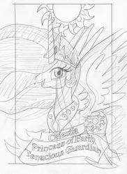 Size: 1202x1652 | Tagged: safe, artist:ciaran, derpibooru exclusive, princess celestia, g4, female, looking at you, monochrome, open mouth, sketch, smiling, solo, spread wings, sun, tarot card, tarot:once upon a time, traditional art