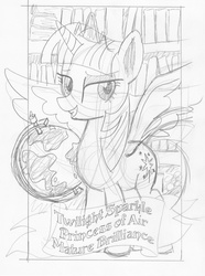 Size: 1228x1651 | Tagged: safe, artist:ciaran, derpibooru exclusive, twilight sparkle, alicorn, pony, g4, book, female, globe, library, monochrome, sketch, smiling, solo, spread wings, tarot card, tarot:once upon a time, traditional art, twilight sparkle (alicorn)