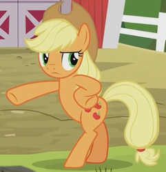 Size: 466x483 | Tagged: safe, screencap, applejack, earth pony, pony, applejack's "day" off, g4, season 6, applejack's hat, bipedal, chickenjack, cowboy hat, female, hat, hips, mare, pose, solo