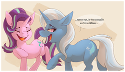 Size: 1024x585 | Tagged: safe, artist:lacedharlot, starlight glimmer, trixie, pony, unicorn, g4, female, laughing, mare