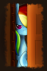 Size: 1081x1644 | Tagged: safe, artist:flamevulture17, rainbow dash, g4, dark, door, female, hiding, looking at you, raised hoof, solo