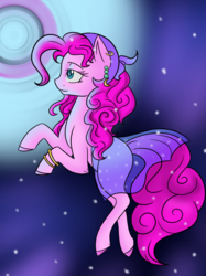 Size: 1018x1358 | Tagged: safe, artist:pigzfairy, pinkie pie, g4, clothes, costume, ear piercing, earring, female, gypsy pie, piercing, sky, solo
