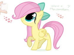 Size: 1600x1200 | Tagged: safe, artist:angelstar063, fluttershy, human, g4, bow, cute, filly fluttershy, food, hair bow, hair over one eye, hand, heart, hnnng, marshmallow, question, raised hoof, shyabetes, weapons-grade cute