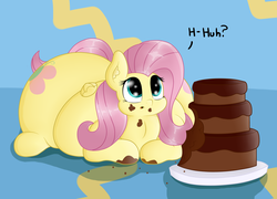 Size: 1957x1410 | Tagged: safe, artist:dullpoint, fluttershy, pony, g4, cake, fat, fattershy, female, food, obese, solo