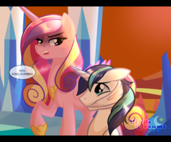 Size: 2642x2200 | Tagged: safe, artist:xwhitedreamsx, princess cadance, shining armor, alicorn, pony, unicorn, g4, betrayal, captain america, captain hydra, cloth gag, evil cadance, floppy ears, frown, gag, hail hydra, high res, marvel, open mouth, raised hoof, reference, sad, spoilers for another series, traitor