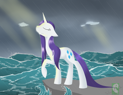 Size: 1024x796 | Tagged: safe, artist:alphaaquilae, rarity, pony, g4, female, ocean, rain, solo, wet, wet mane, wet mane rarity