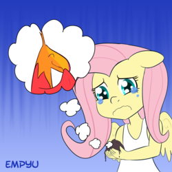 Size: 1000x1000 | Tagged: safe, artist:empyu, fluttershy, philomena, pegasus, phoenix, anthro, a bird in the hoof, g4, 30 minute art challenge, ash, clothes, crying, female, mlp rewind art challenge, scene interpretation, tank top