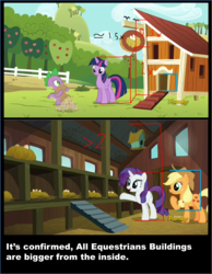 Size: 1456x1878 | Tagged: safe, edit, edited screencap, screencap, applejack, rarity, spike, twilight sparkle, alicorn, pony, applejack's "day" off, g4, architecture, bigger on the inside, cartoon physics, discovery family logo, hammerspace, theory, twilight sparkle (alicorn)