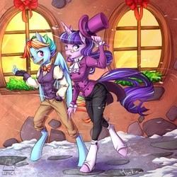 Size: 800x800 | Tagged: safe, artist:moenkin, rainbow dash, snowdash, snowfall frost, starlight glimmer, pegasus, unicorn, anthro, unguligrade anthro, a hearth's warming tail, g4, bowtie, clothes, female, hat, jabot, open mouth, pants, rainbow dash always dresses in style, shirt, snow, snowfall, spats, top hat, waistcoat, windswept mane