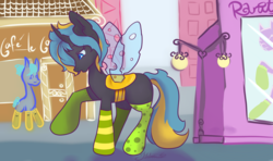Size: 1382x820 | Tagged: safe, artist:mangajag, oc, oc only, oc:echo, changeling, clothes, equestria2101, female, shops, socks, solo, yellow changeling