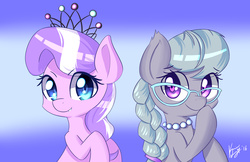 Size: 1964x1271 | Tagged: safe, artist:kawaiipony2, diamond tiara, silver spoon, earth pony, pony, g4, adorabullies, braid, braided ponytail, cute, diamondbetes, duo, duo female, eye clipping through hair, eyebrows, eyebrows visible through hair, female, filly, foal, glasses, jewelry, looking at you, necklace, ponytail, raised hoof, signature, silverbetes, smiling, smiling at you, tiara