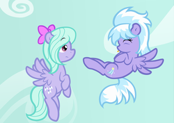 Size: 2006x1421 | Tagged: safe, artist:furrgroup, cloudchaser, flitter, pegasus, pony, g4, cute, duo, flying, raspberry, tongue out
