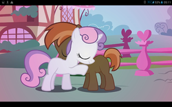 Size: 1280x800 | Tagged: safe, artist:mr kupkake, button mash, sweetie belle, earth pony, pony, strangers, g4, colt, female, filly, foal, hug, male, scratch21, ship:sweetiemash, shipping, straight, youtube link