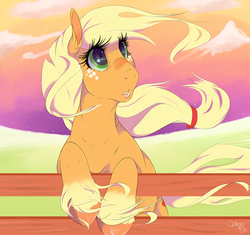 Size: 967x910 | Tagged: safe, artist:qatsby, applejack, earth pony, pony, g4, cute, female, fence, hatless, jackabetes, mare, missing accessory, reflection, shooting star, solo, twilight (astronomy), unshorn fetlocks, windswept mane