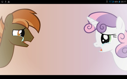 Size: 1280x800 | Tagged: safe, artist:mr kupkake, button mash, sweetie belle, earth pony, pony, unicorn, strangers, g4, crying, female, male, mare, older, older button mash, older sweetie belle, scratch21, ship:sweetiemash, shipping, stallion, straight, youtube link