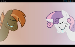 Size: 1280x800 | Tagged: safe, artist:mr kupkake, button mash, sweetie belle, earth pony, pony, unicorn, strangers, g4, crying, ending, female, male, mare, older, older button mash, older sweetie belle, scratch21, ship:sweetiemash, shipping, stallion, straight, youtube link