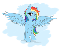 Size: 4612x3640 | Tagged: safe, artist:strachattack, rainbow dash, pegasus, pony, g4, absurd resolution, chest fluff, female, fluffy, solo, spread wings, wink