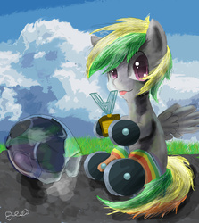 Size: 4307x4818 | Tagged: safe, artist:owlvortex, oc, oc only, oc:wheely bopper, original species, pony, wheelpone, absurd resolution, helmet, not a contest, solo, tongue out, trophy