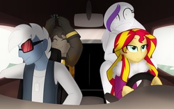 Size: 1131x707 | Tagged: safe, artist:faith-wolff, sunset shimmer, fanfic:the bridge, equestria girls, g4, car, clothes, driving, equestria girls-ified, female, gigan, gloves, group, irys, kaiju human, lidded eyes, male, megalon, quartet, sunglasses