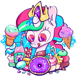 Size: 970x970 | Tagged: dead source, safe, artist:burrburro, princess celestia, alicorn, pony, g4, cake, cakelestia, candy, color porn, donut, female, food, heart eyes, licking, licking lips, macaron, solo, tongue out, wingding eyes