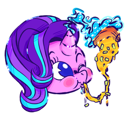 Size: 850x802 | Tagged: dead source, safe, artist:burrburro, starlight glimmer, pony, unicorn, g4, bust, disembodied head, female, food, full mouth, head, magic, mare, no pupils, one eye closed, pineapple pizza, pizza, portrait, simple background, solo, telekinesis, that pony sure does love pineapple pizza, white background