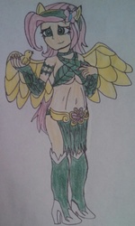 Size: 1385x2315 | Tagged: safe, artist:wolf, fluttershy, bird, human, g4, belly button, boots, element of kindness, elements of harmony, female, high heel boots, humanized, leaves, loincloth, midriff, shoes, solo, traditional art, warrior, winged humanization