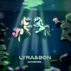 Size: 1750x1750 | Tagged: safe, artist:davierocket, bon bon, lyra heartstrings, sweetie drops, earth pony, jellyfish, pony, unicorn, g4, album cover, album parody, coral, cover, pendulum, ponified, ponified album cover, text, tribute, underwater