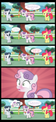 Size: 1068x2312 | Tagged: safe, artist:lunaticdawn, edit, apple bloom, rumble, sweetie belle, earth pony, pegasus, pony, unicorn, g4, blushing, comic, cropped, female, innuendo, male, out of context, pervert, reacting to nudity, rumble gets all the fillies, ship:rumbelle, shipping, staring at flank, straight