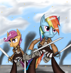 Size: 1280x1314 | Tagged: safe, artist:titan2955, rainbow dash, scootaloo, pony, g4, attack on titan, bipedal, clothes, cosplay, costume, crossover