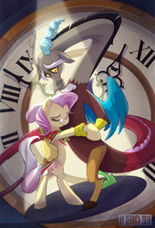 Size: 1079x1591 | Tagged: safe, artist:seanica, discord, fluttershy, draconequus, pegasus, pony, g4, clock, crying, dancing, elderly, feels, female, immortality blues, male, older, older fluttershy, ship:discoshy, shipping, straight