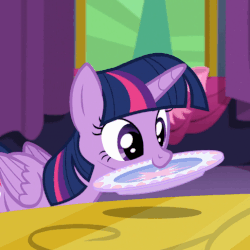 Size: 486x486 | Tagged: safe, edit, edited screencap, screencap, twilight sparkle, alicorn, pony, g4, no second prances, adorkable, animated, cute, dork, female, mare, mouth hold, nom, plate, proper silverware placement, reversed, smiling, solo, table, twiabetes, twilight sparkle (alicorn), weapons-grade cute