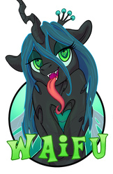 Size: 825x1275 | Tagged: safe, artist:halley-valentine, queen chrysalis, changeling, changeling queen, g4, bedroom eyes, cute, cutealis, female, heart, heart eyes, hoof heart, looking at you, open mouth, solo, tongue out, waifu, waifu badge, wingding eyes