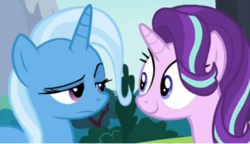 Size: 405x233 | Tagged: safe, screencap, starlight glimmer, trixie, pony, unicorn, g4, no second prances, duo, faic, female, lidded eyes, looking at each other, mare, meme, raised eyebrow, smiling, special eyes